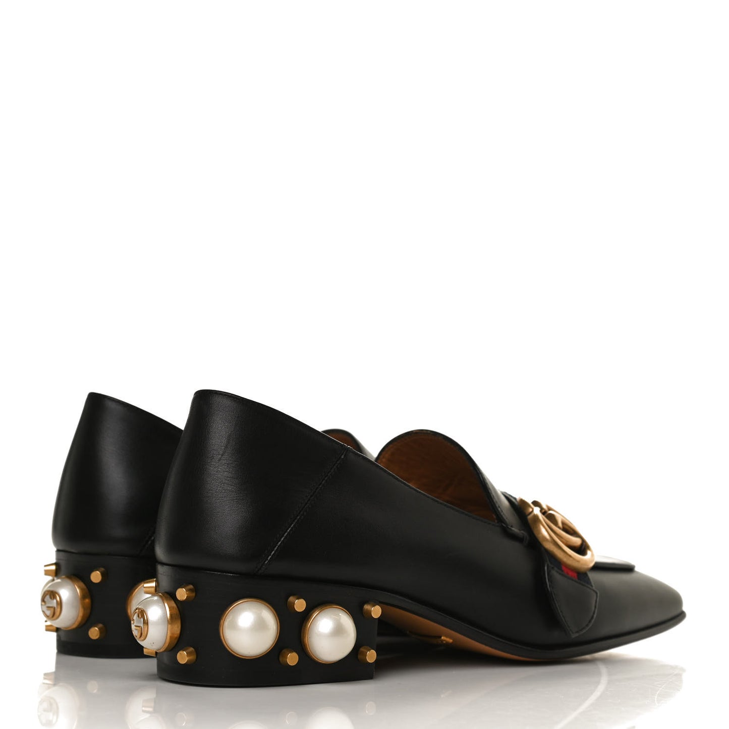 Betis Glamour Calfskin Web Pearl Embellished Peyton 35mm Loafer Pumps 36 Black