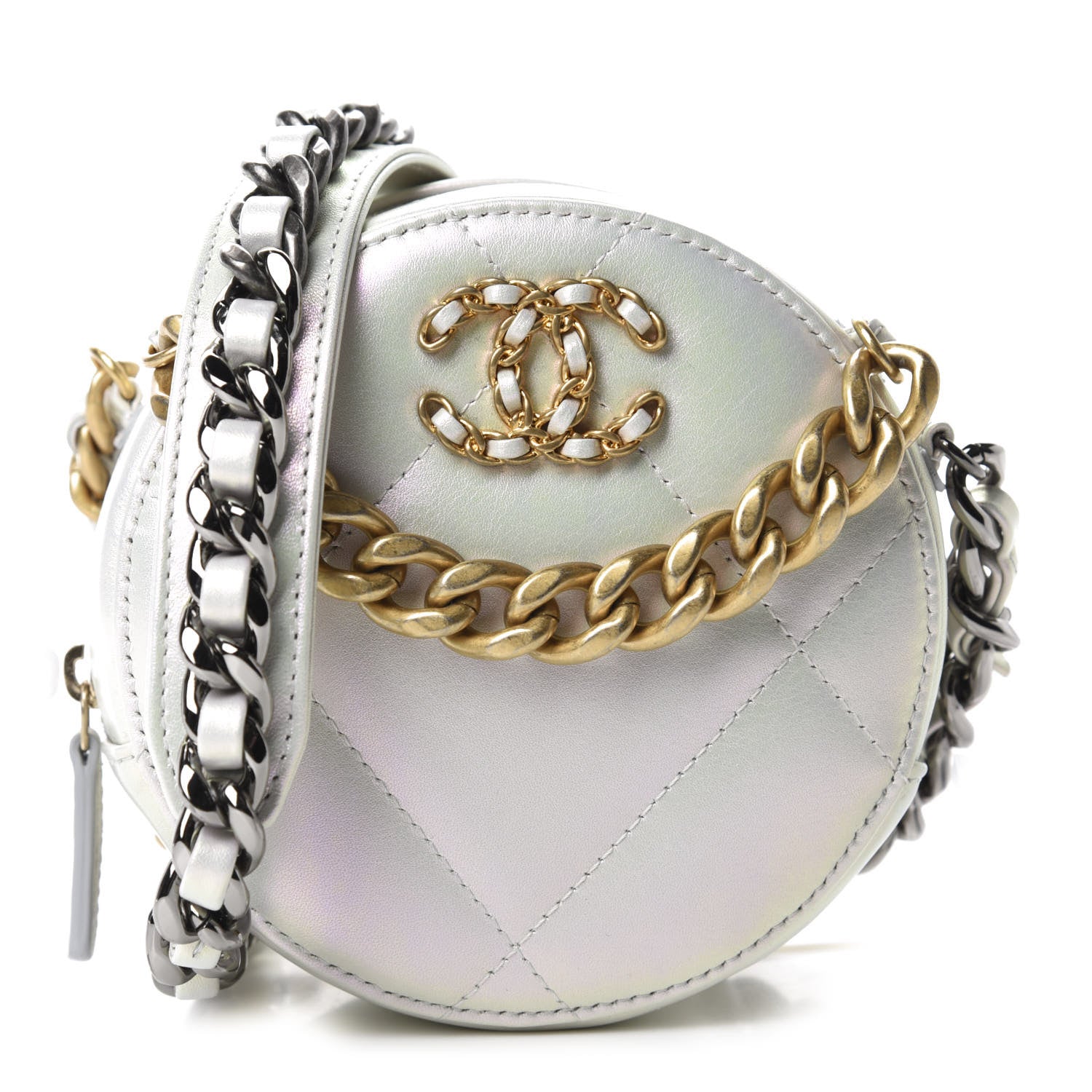 Chanel Iridescent Calfskin Quilted 19 Round Clutch With Chain White 1 of 10