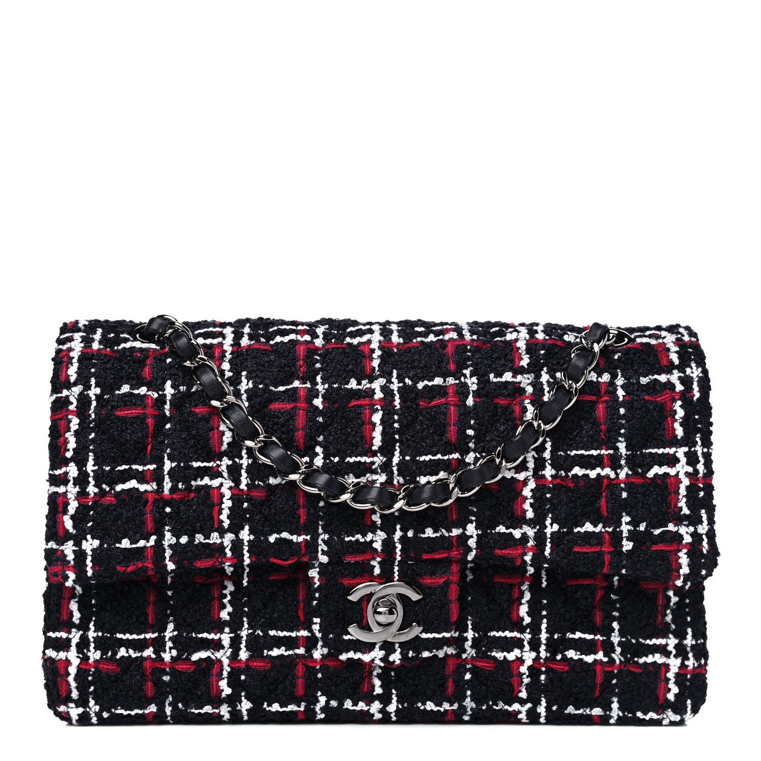 Chanel Tweed Quilted Medium Double Flap Navy White Red 1 of 5