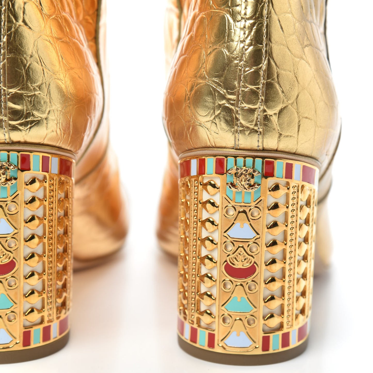 Calfskin Crocodile Embossed Cap Toe High Boots 37 Gold