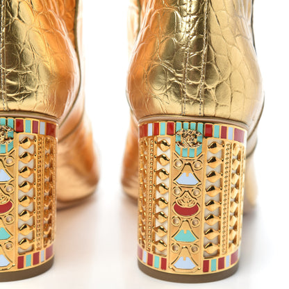 Chanel Calfskin Crocodile Embossed Cap Toe High Boots 37 Gold 7 of 9