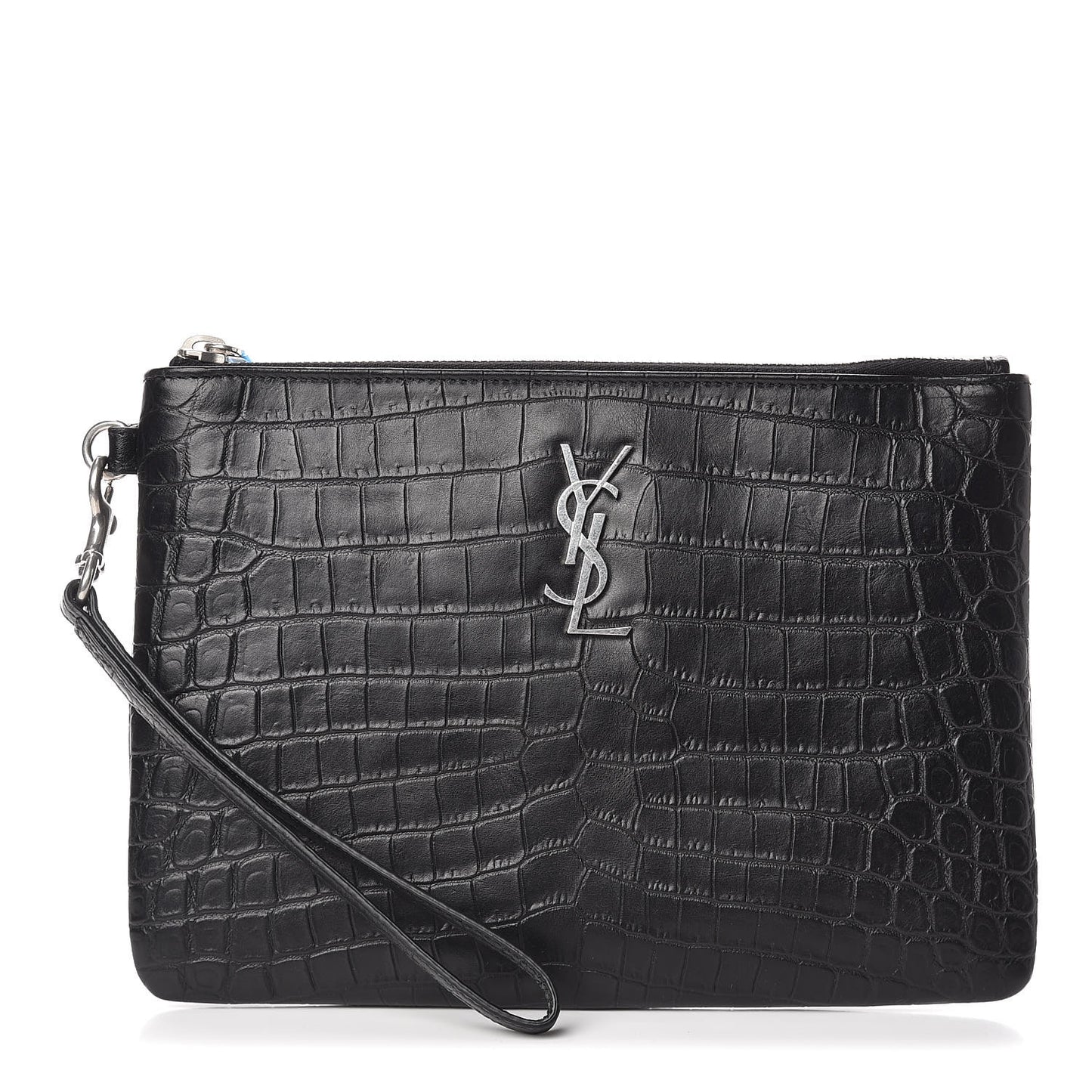 Calfskin Crocodile Embossed Monogram Zip Pouch Black