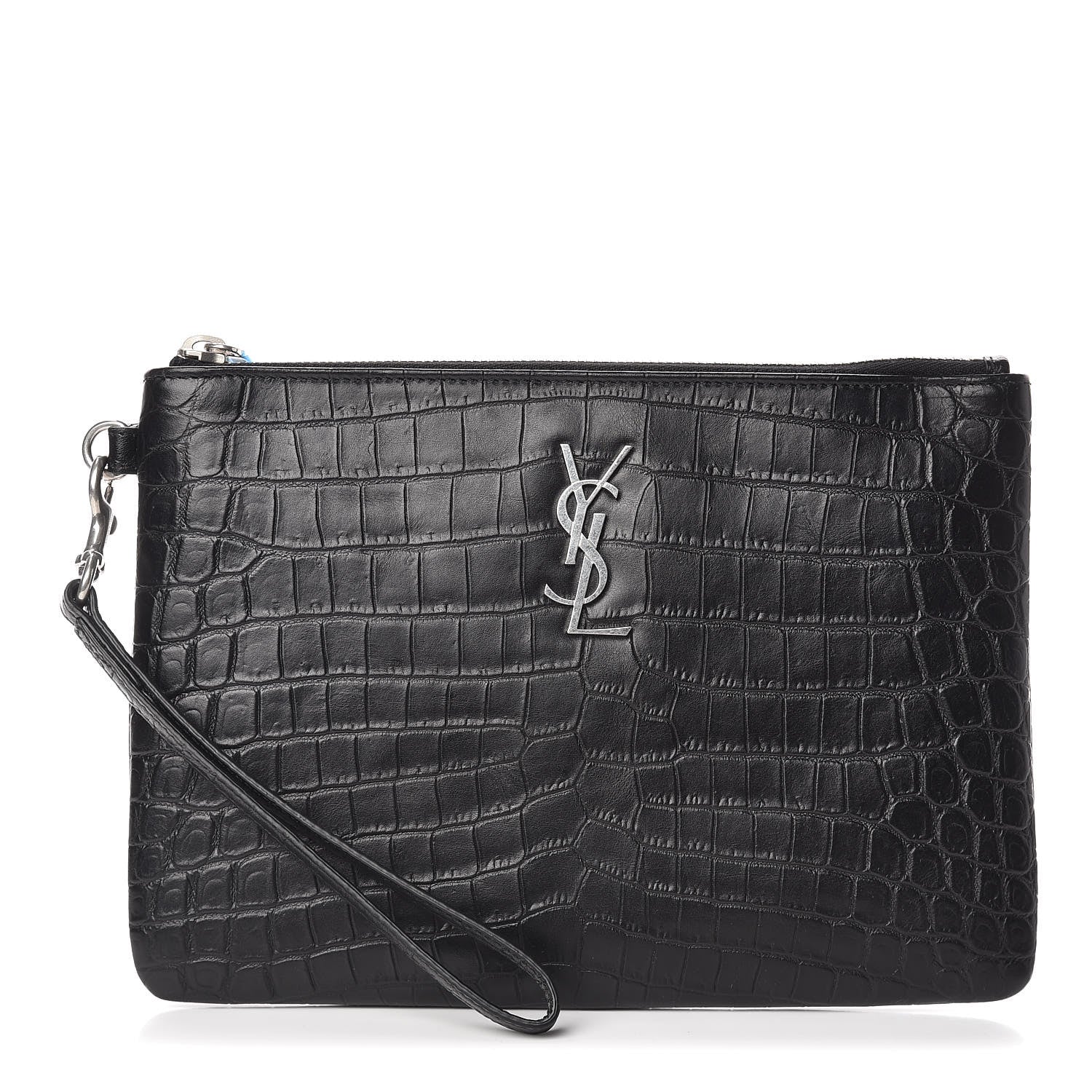 Saint Laurent Calfskin Crocodile Embossed Monogram Zip Pouch Black 1 of 8