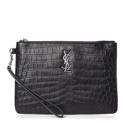 Saint Laurent Calfskin Crocodile Embossed Monogram Zip Pouch Black 1 of 8