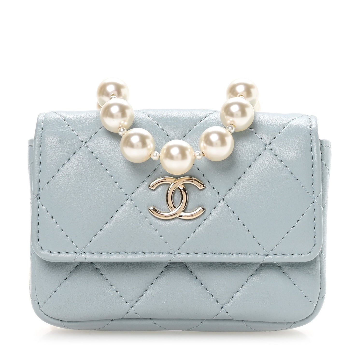 Lambskin Quilted Pearl Chain Belt Bag Light Blue