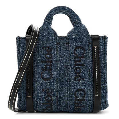 Chloe Denim Calfskin Nano Woody Ribbon Tote With Strap Blue 1 of 9
