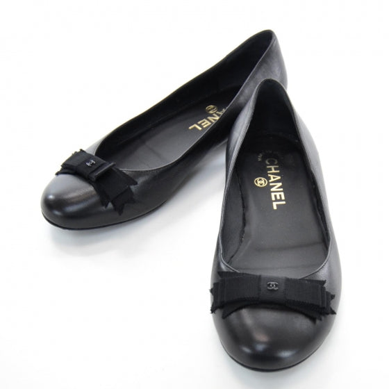 Leather CC Bow Ballet Flats 36.5 Black