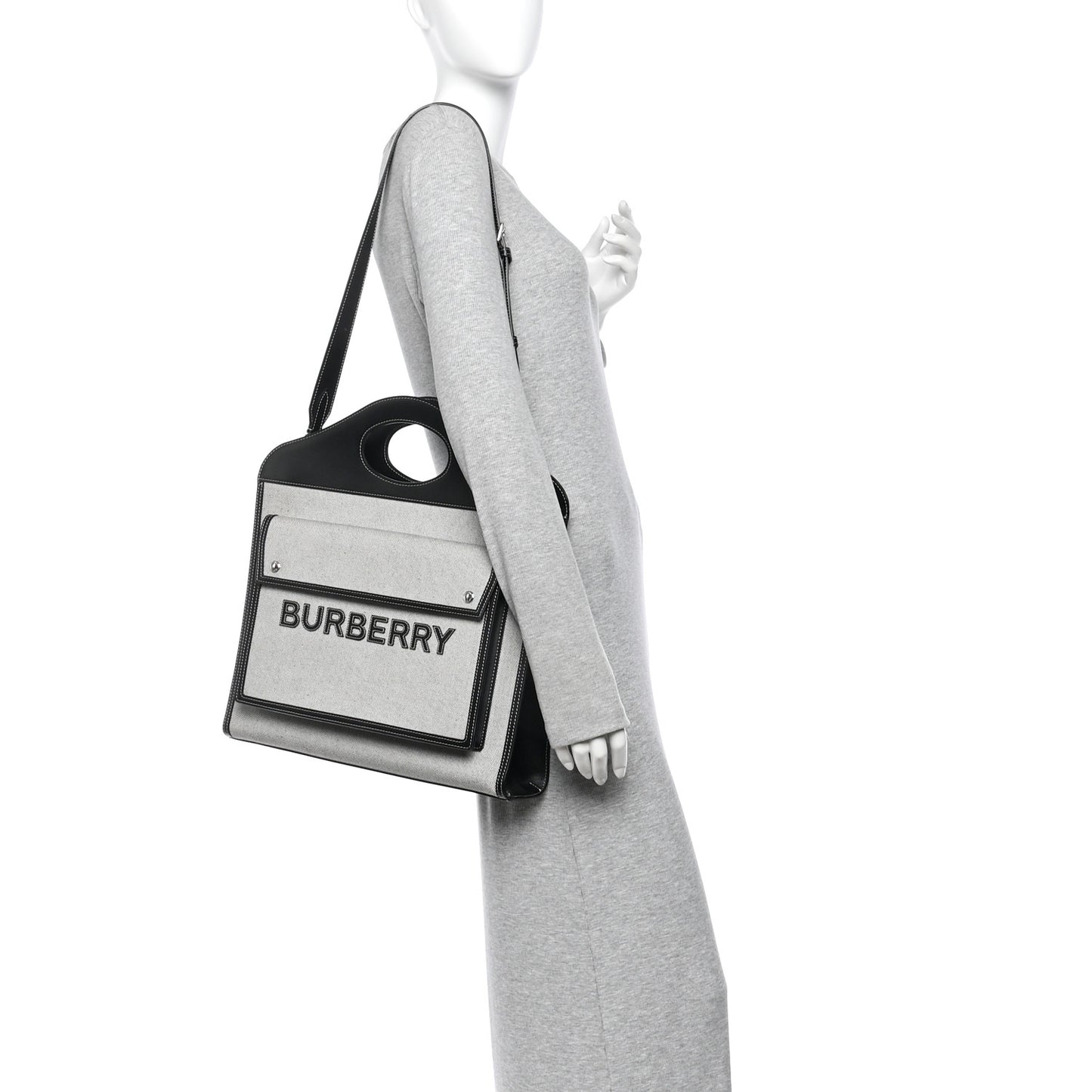 Canvas Smooth Calfskin Two Tone Medium Pocket Bag Black White