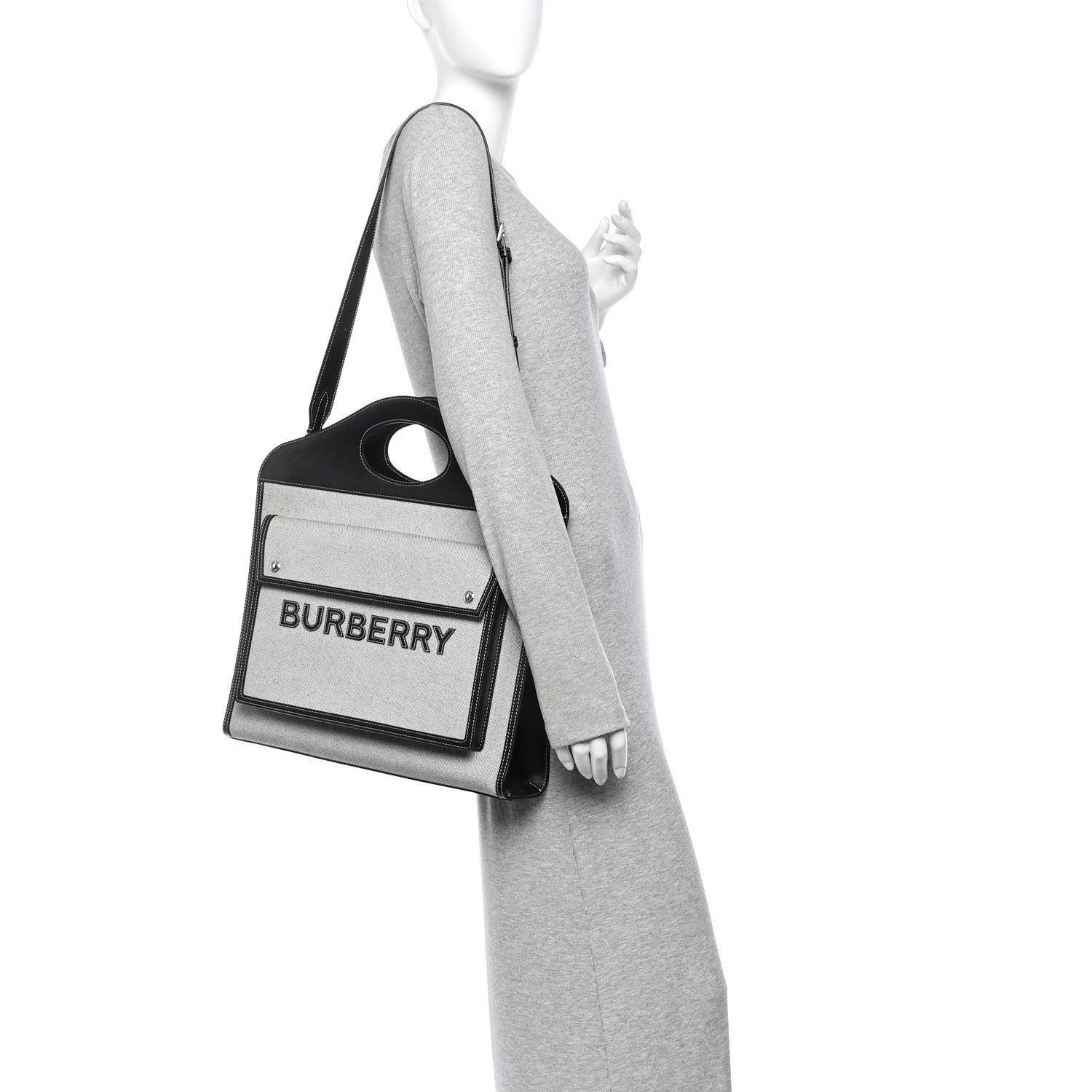 Burberry Canvas Smooth Calfskin Two Tone Medium Pocket Bag Black White 2 of 10