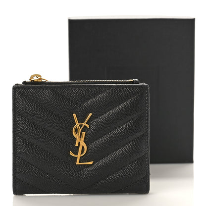 Saint Laurent Grain De Poudre Matelasse Chevron Monogram Zipped Card Case Black 9 of 9