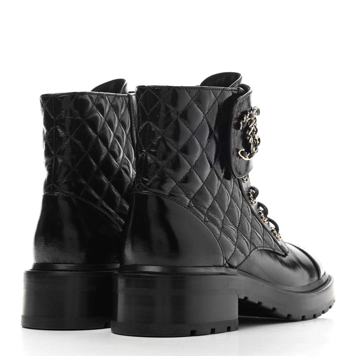 Shiny Calfskin Quilted Lace Up Combat Boots 38.5 Black