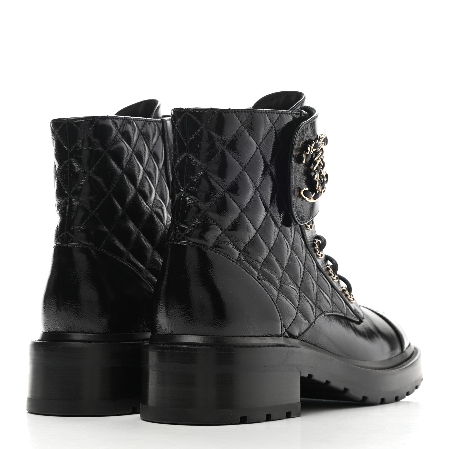 Chanel Shiny Calfskin Quilted Lace Up Combat Boots 38.5 Black 4 of 10