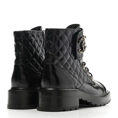 Chanel Shiny Calfskin Quilted Lace Up Combat Boots 38.5 Black 4 of 10