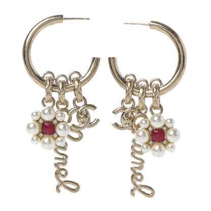 Chanel Crystal Pearl CC Turnlock Climber Hoop Earrings Gold Red Pearly White 1 of 4