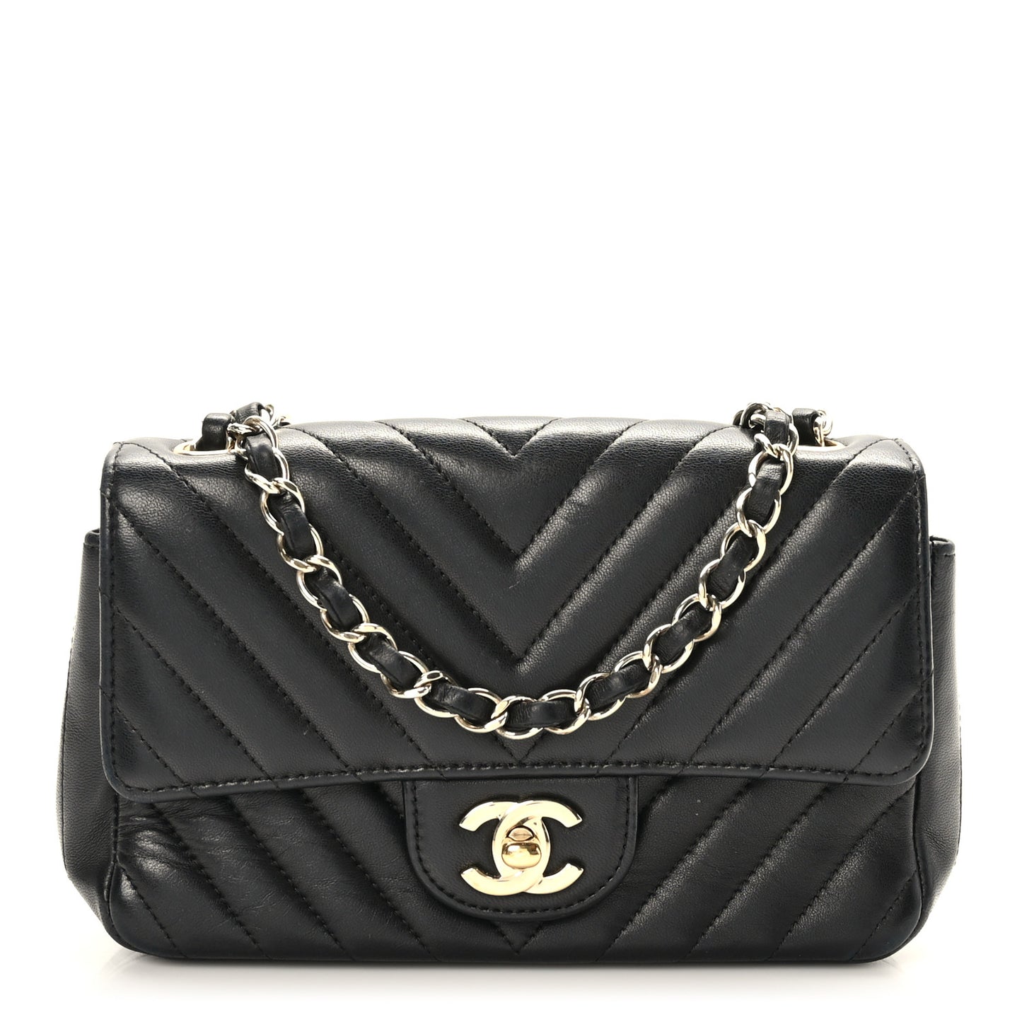 Lambskin Chevron Quilted Mini Rectangular Flap Black