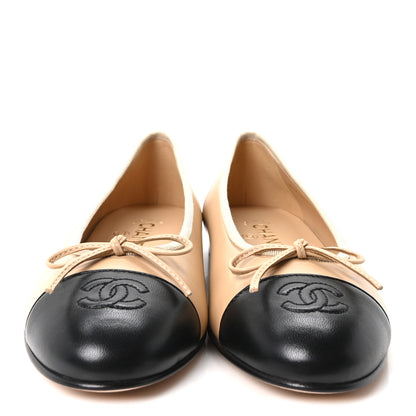 Chanel Lambskin Cap Toe CC Ballerina Flats 39.5 Beige Black 3 of 10
