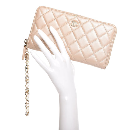 Chanel Lambskin Zip Around Large Gusset Wallet With Pearl Chain Light Beige 2 of 8