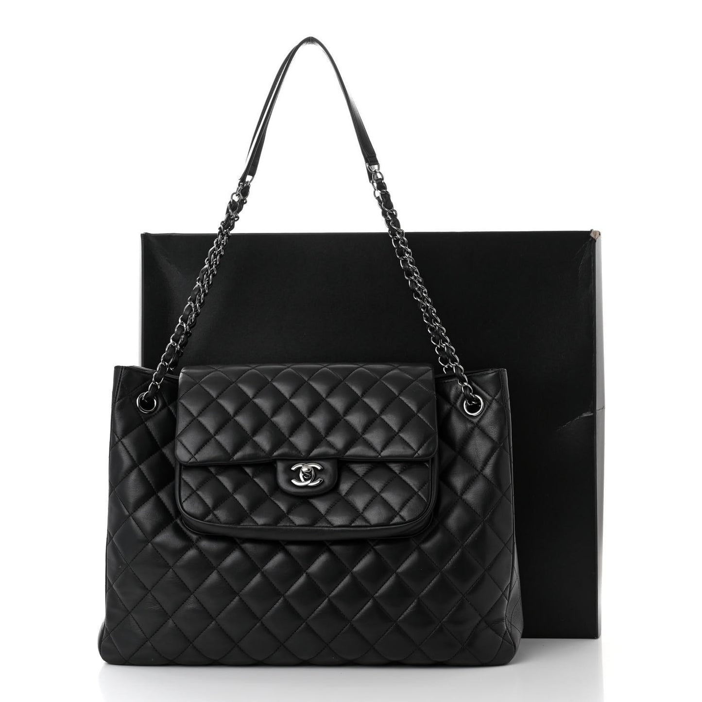 Lambskin Quilted Front Flap Tote Black
