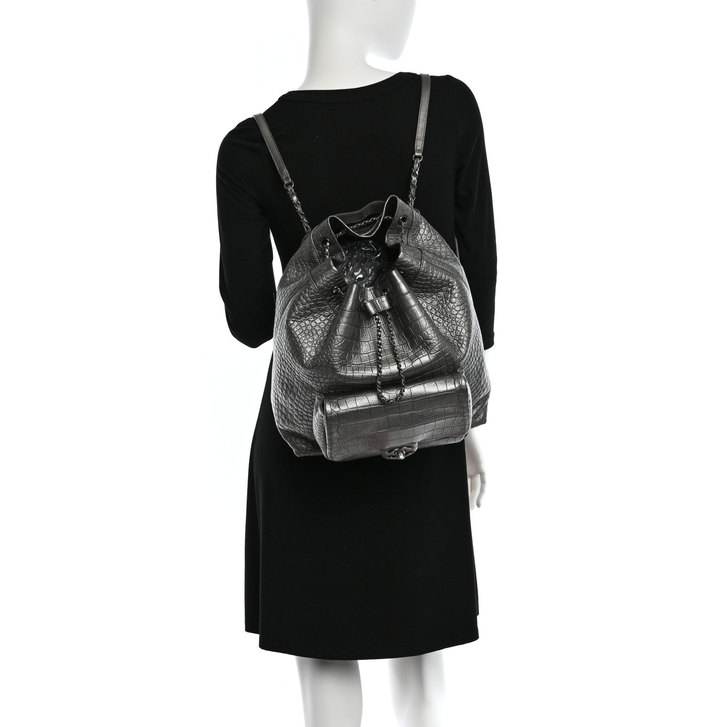 Metallic Calfskin Crocodile Embossed Large Backpack Silver