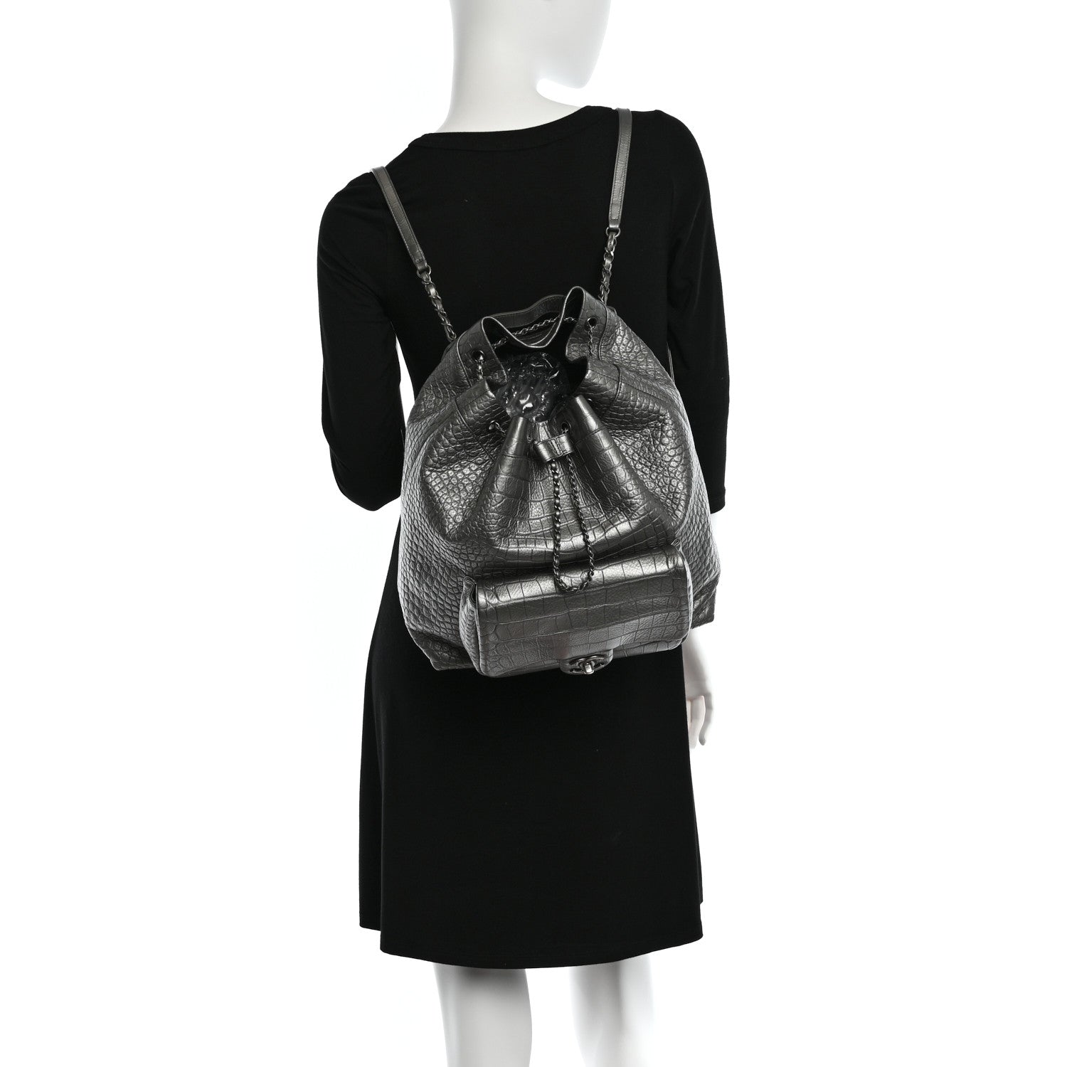 Chanel Metallic Calfskin Crocodile Embossed Large Backpack Silver 2 of 10