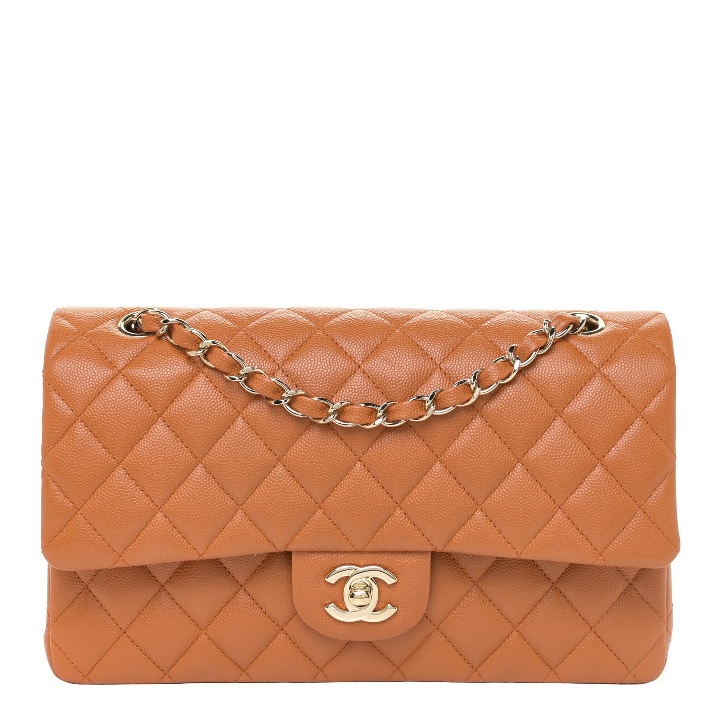 Caviar Quilted Medium Double Flap Light Brown