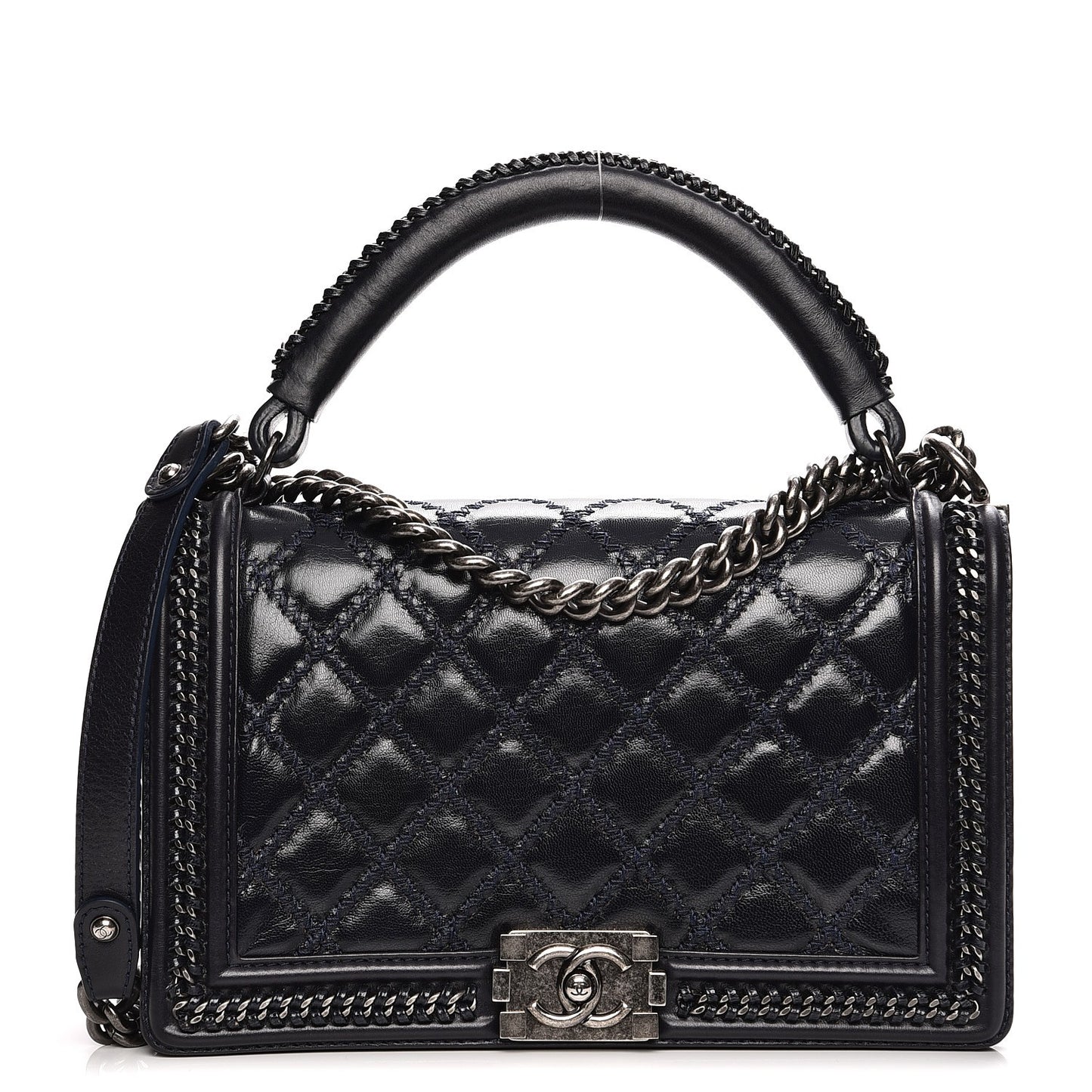 Calfskin Quilted New Medium Boy Top Handle Flap Dark Blue
