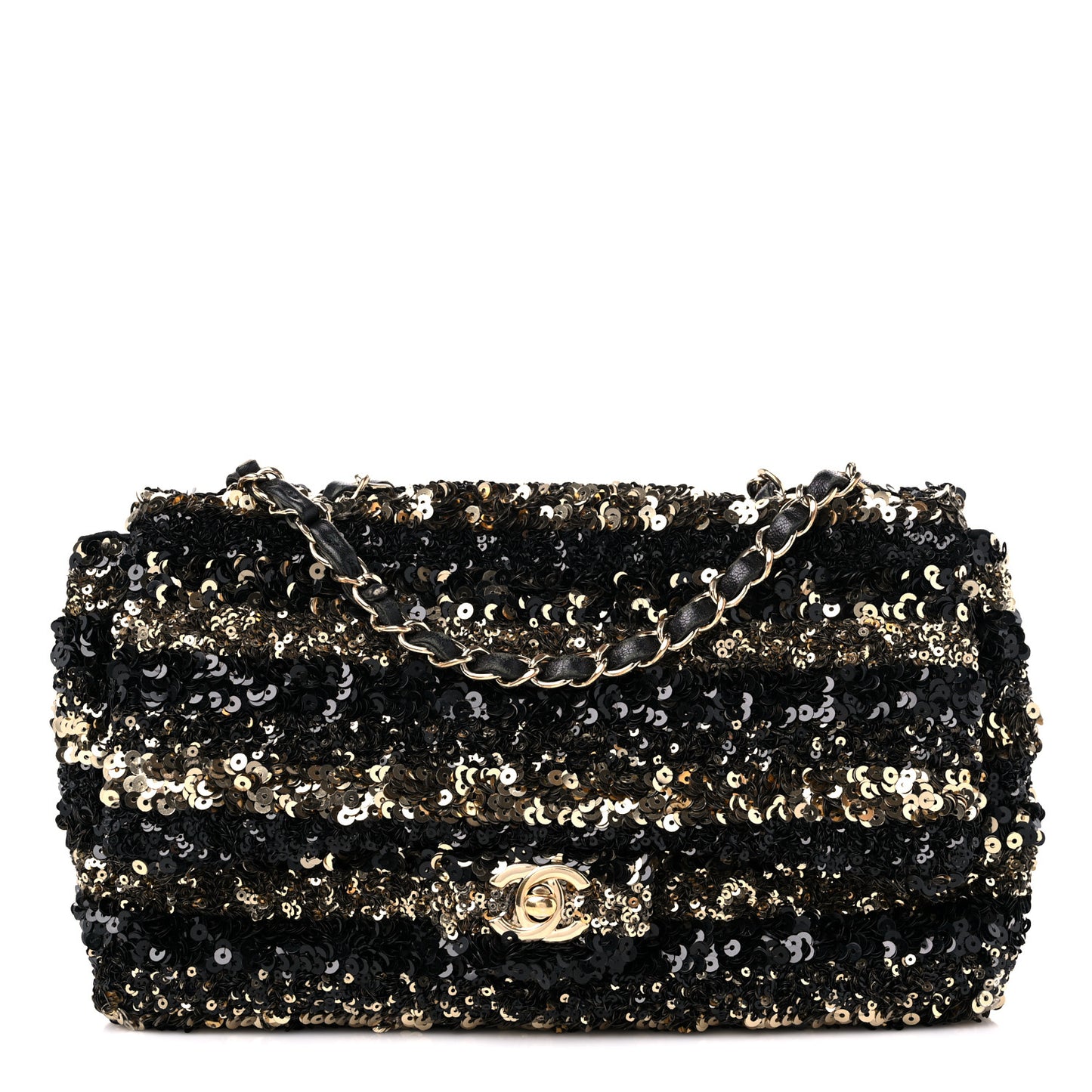Sequin Striped Medium Flap Black Gold