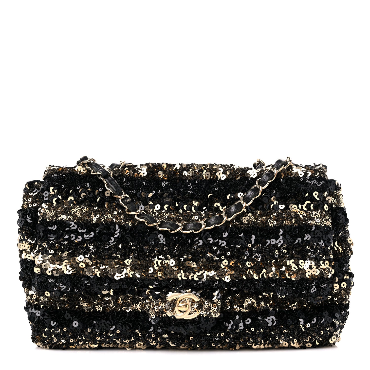 Chanel Sequin Striped Medium Flap Black Gold 1 of 10