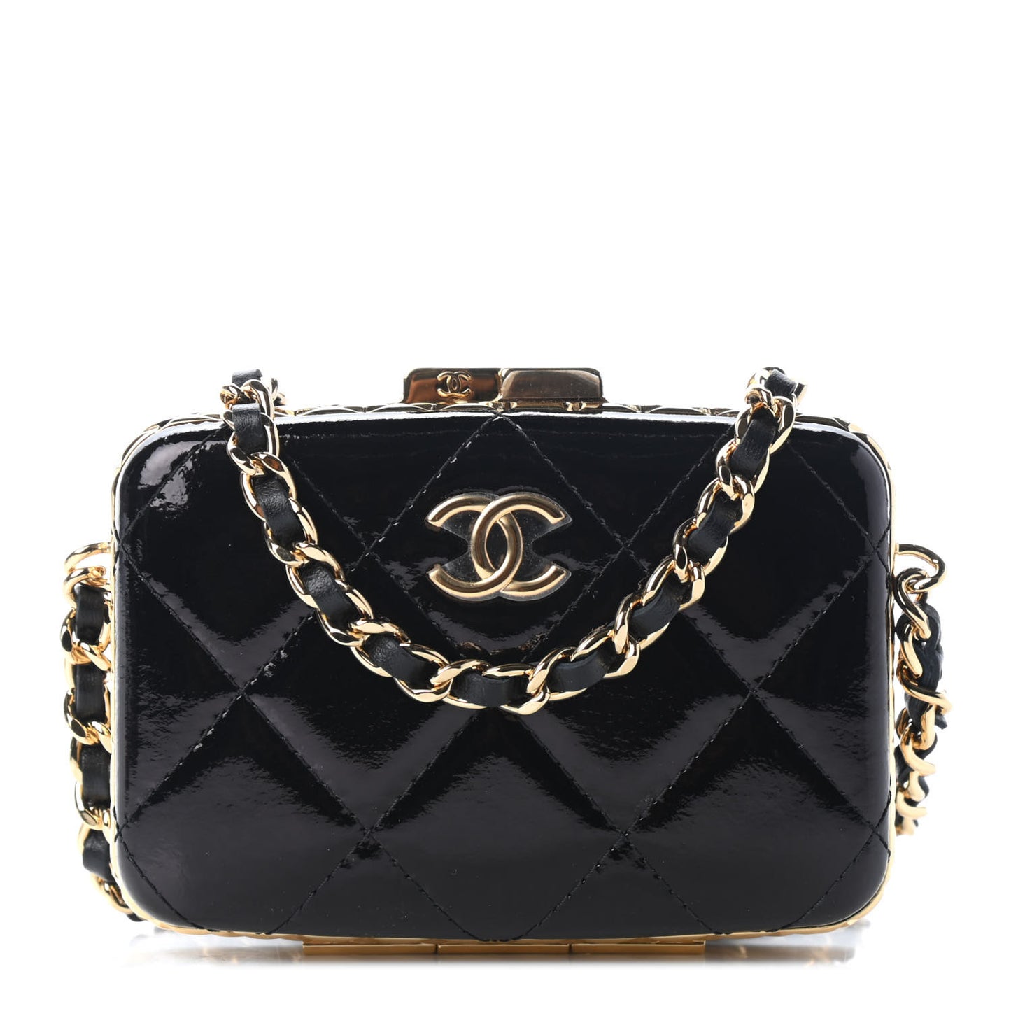 Glazed Goatskin Quilted Small Box With Chain Black