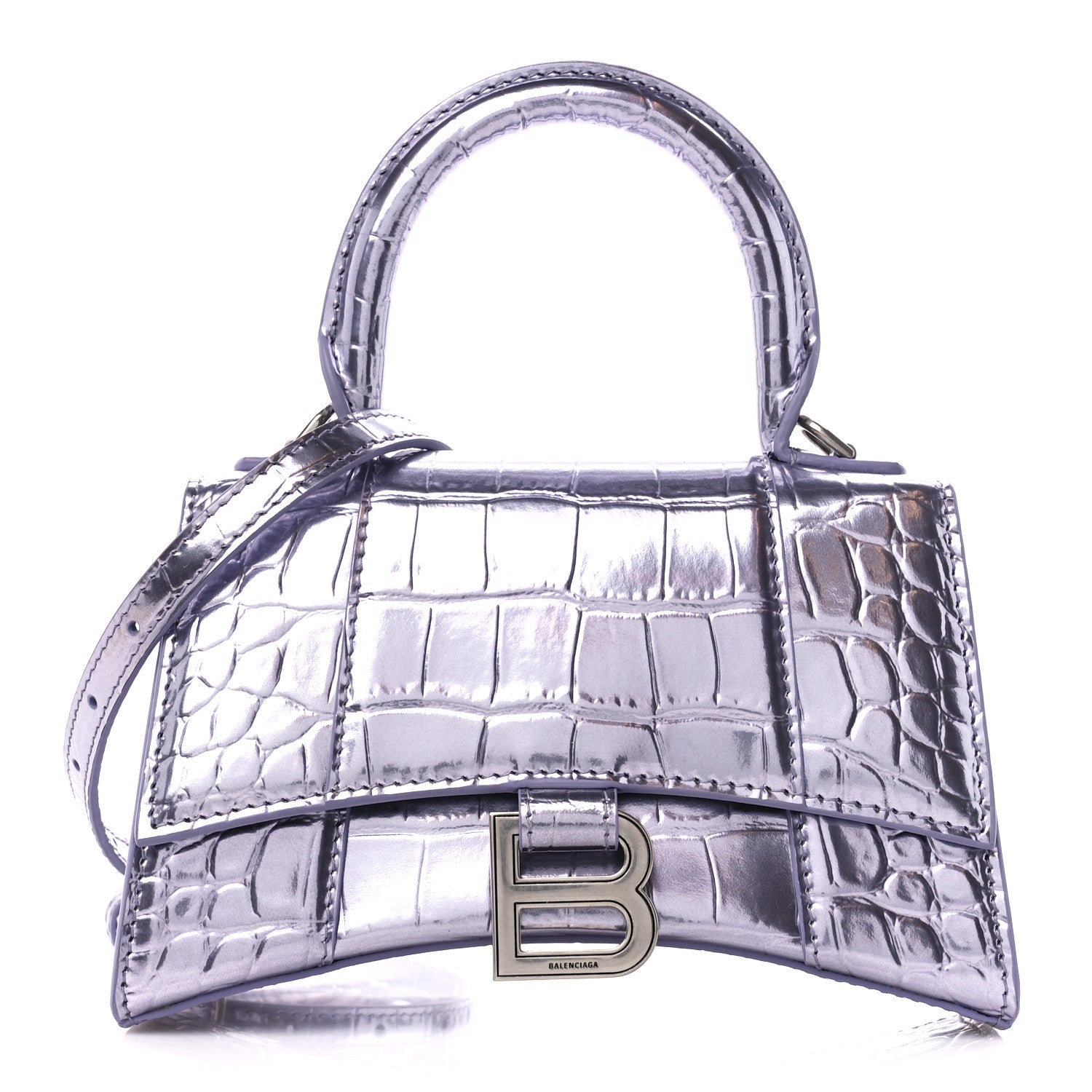 Balenciaga Metallic Calfskin Crocodile Embossed Hourglass Top Handle Bag XS Lilac 1 of 10