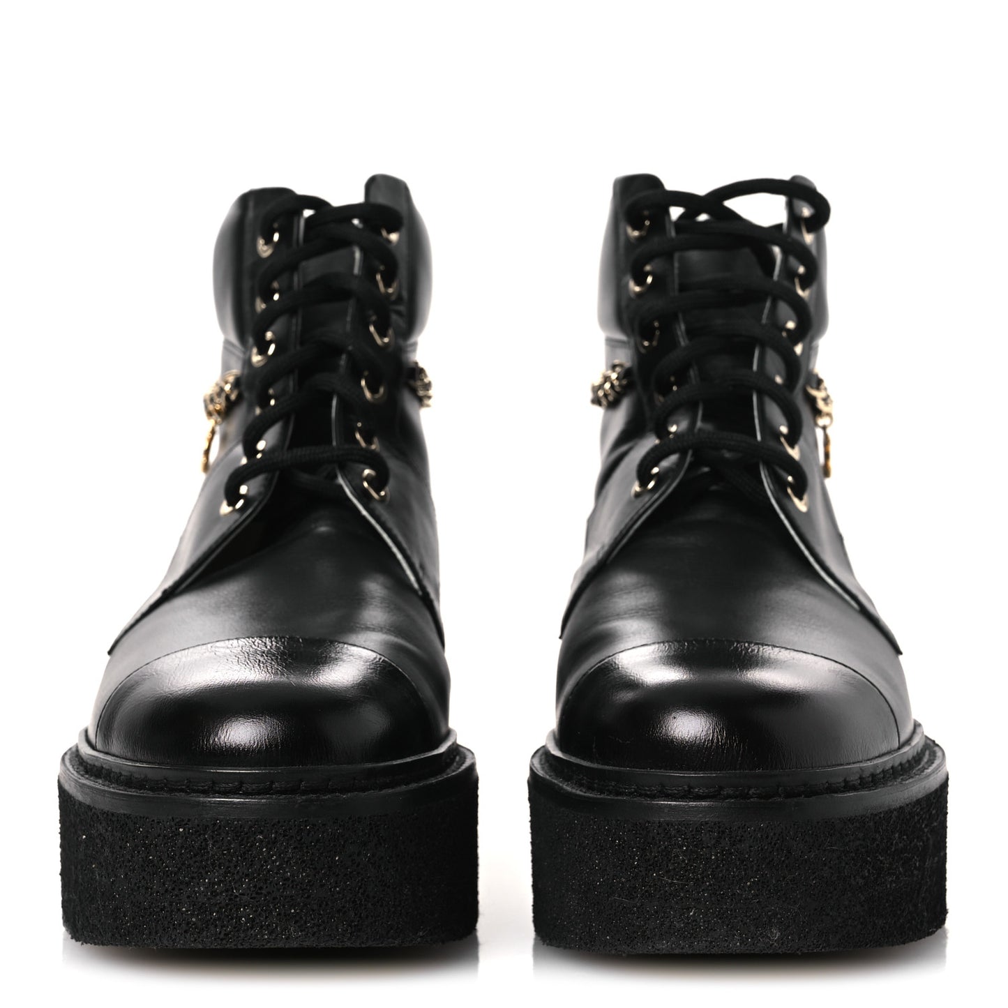 Calfskin Shiny Calfskin Chain Lace Up CC Short Boots 38.5 Black