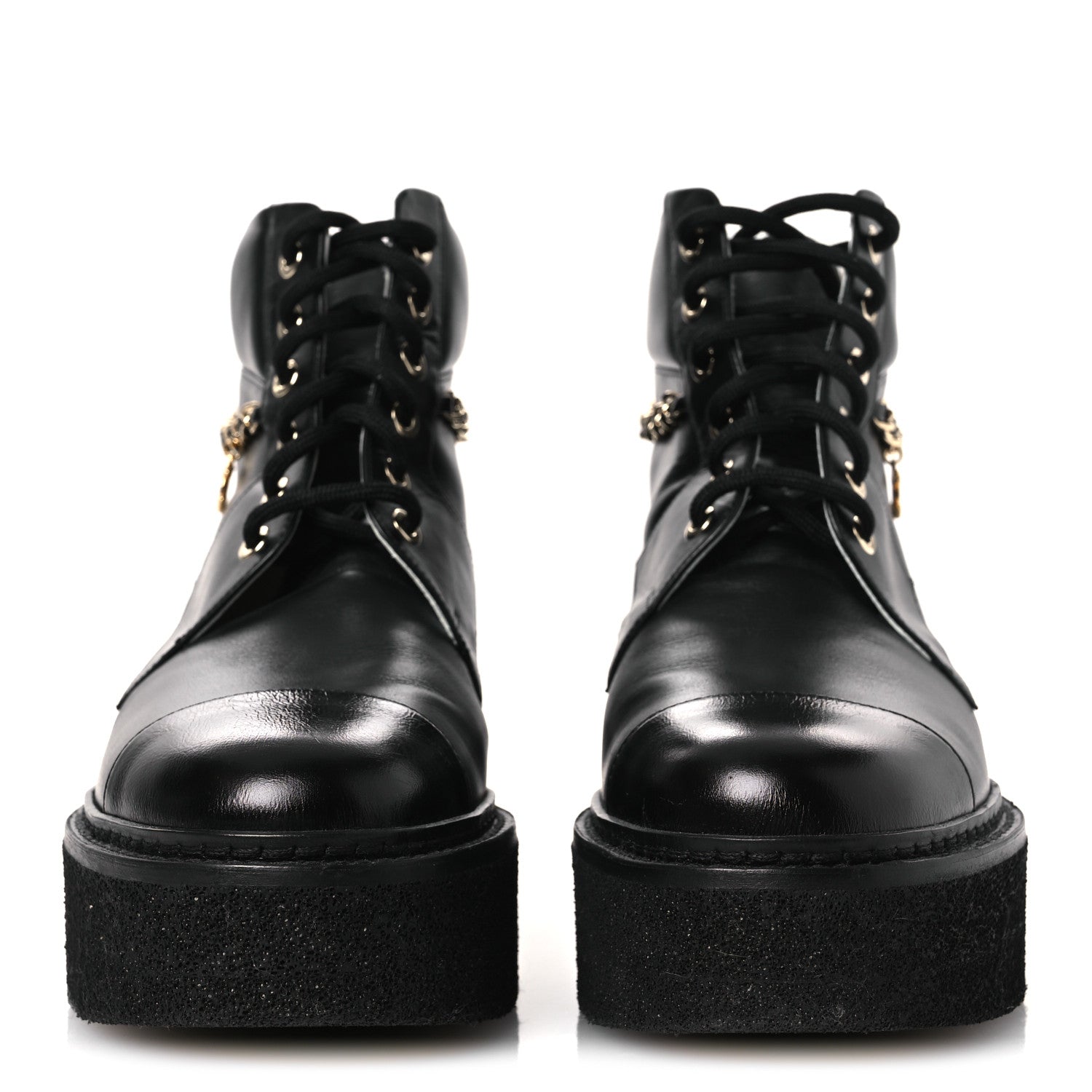 Chanel Calfskin Shiny Calfskin Chain Lace Up CC Short Boots 38.5 Black 3 of 11