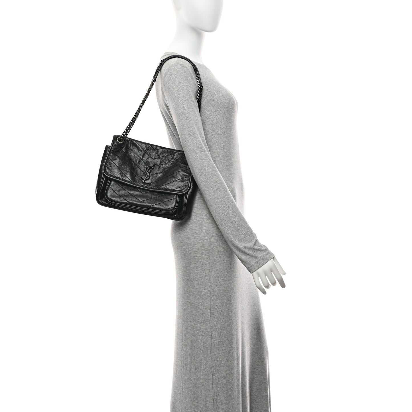 Crinkled Calfskin Matelasse Monogram Medium Niki Chain Satchel Black