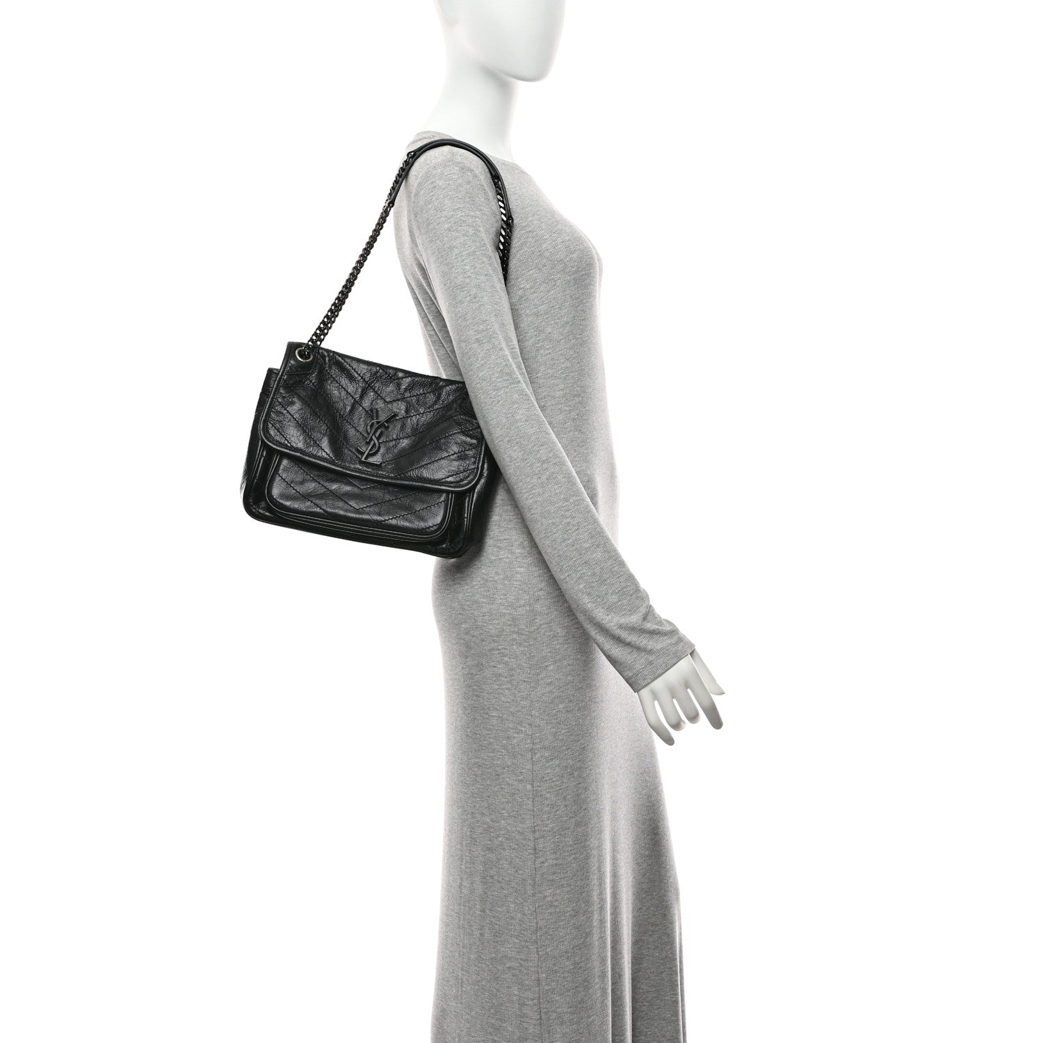 Saint Laurent Crinkled Calfskin Matelasse Monogram Medium Niki Chain Satchel Black 2 of 10
