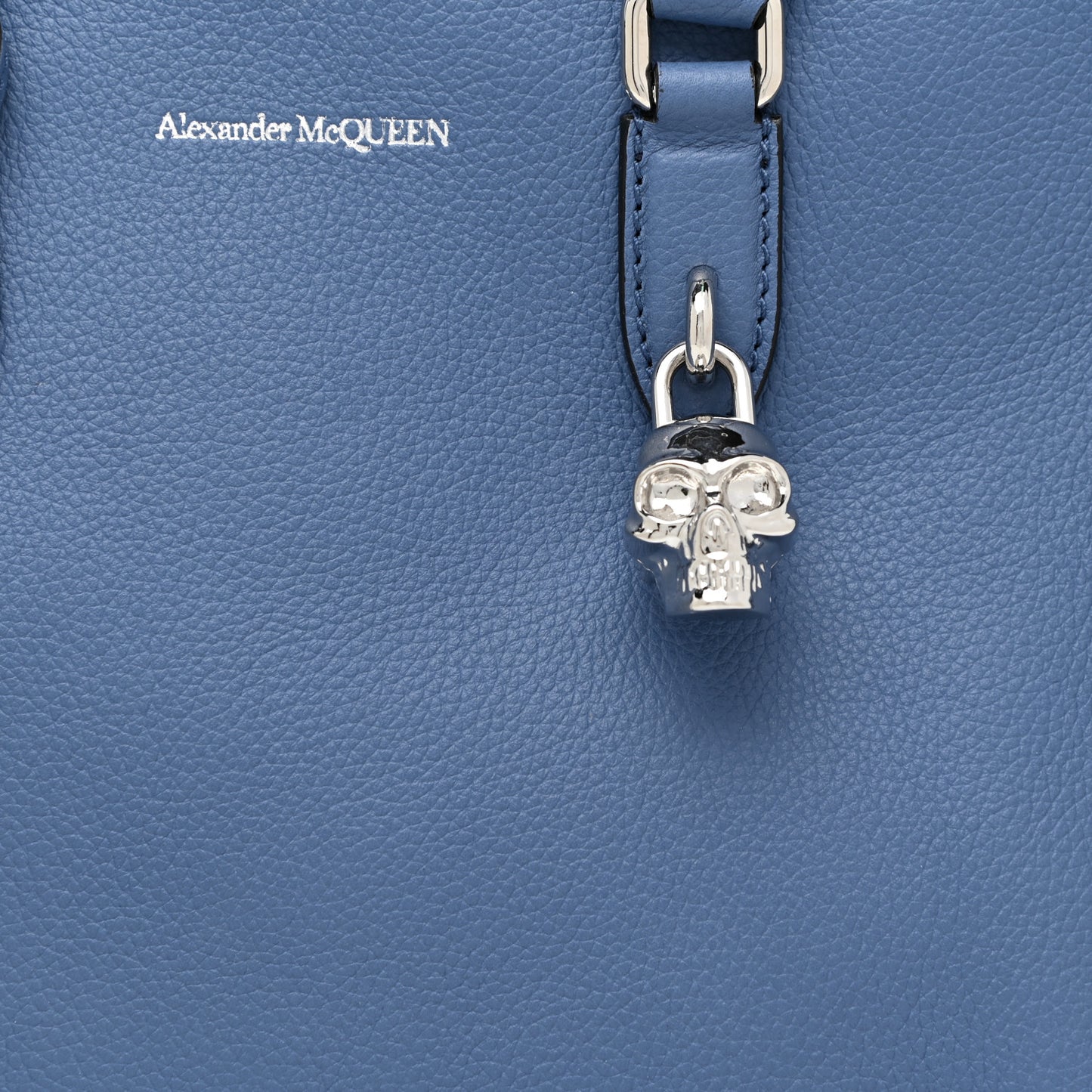 Pebbled Calfskin Small Skull Padlock Zip Around Tote Blue