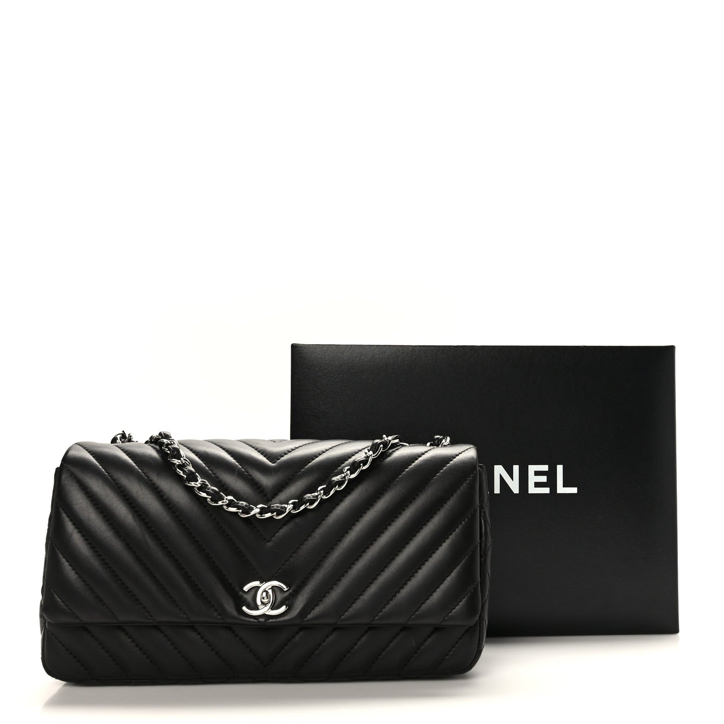 Lambskin Chevron Quilted Large Single Flap Black