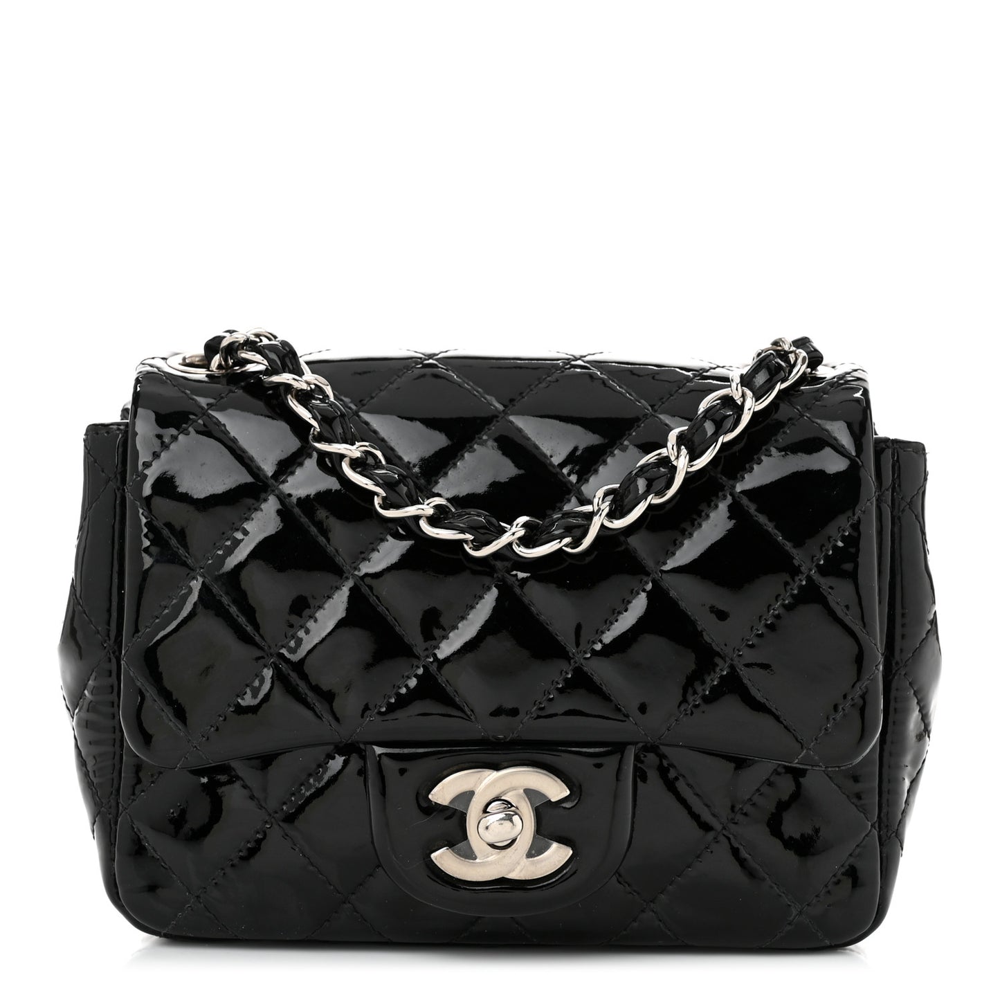 Patent Calfskin Quilted Mini Square Flap Black