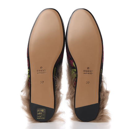 Gucci Brocade Fur Floral Womens Princetown Slippers 37 Black Anthracite 6 of 9