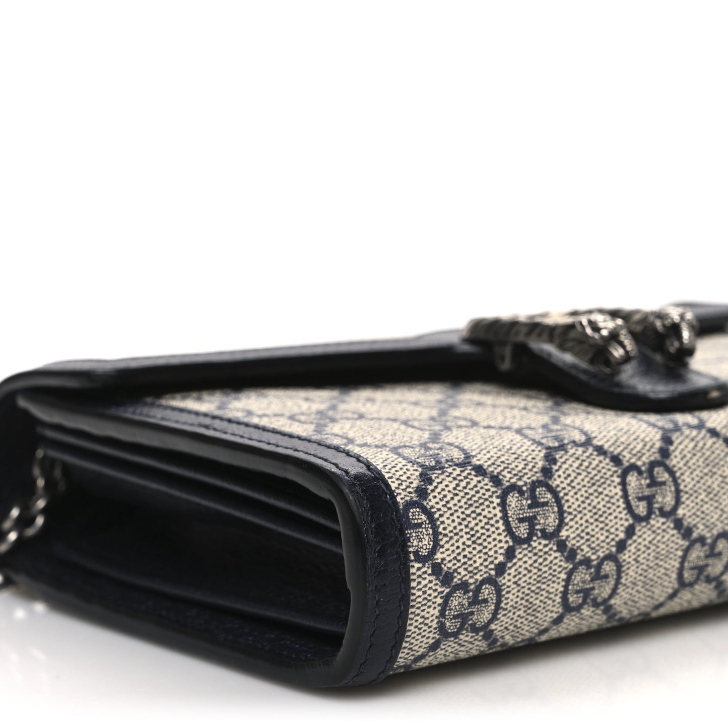 GG Supreme Monogram Textured Dollar Calfskin Mini Dionysus Chain Wallet Beige Blue
