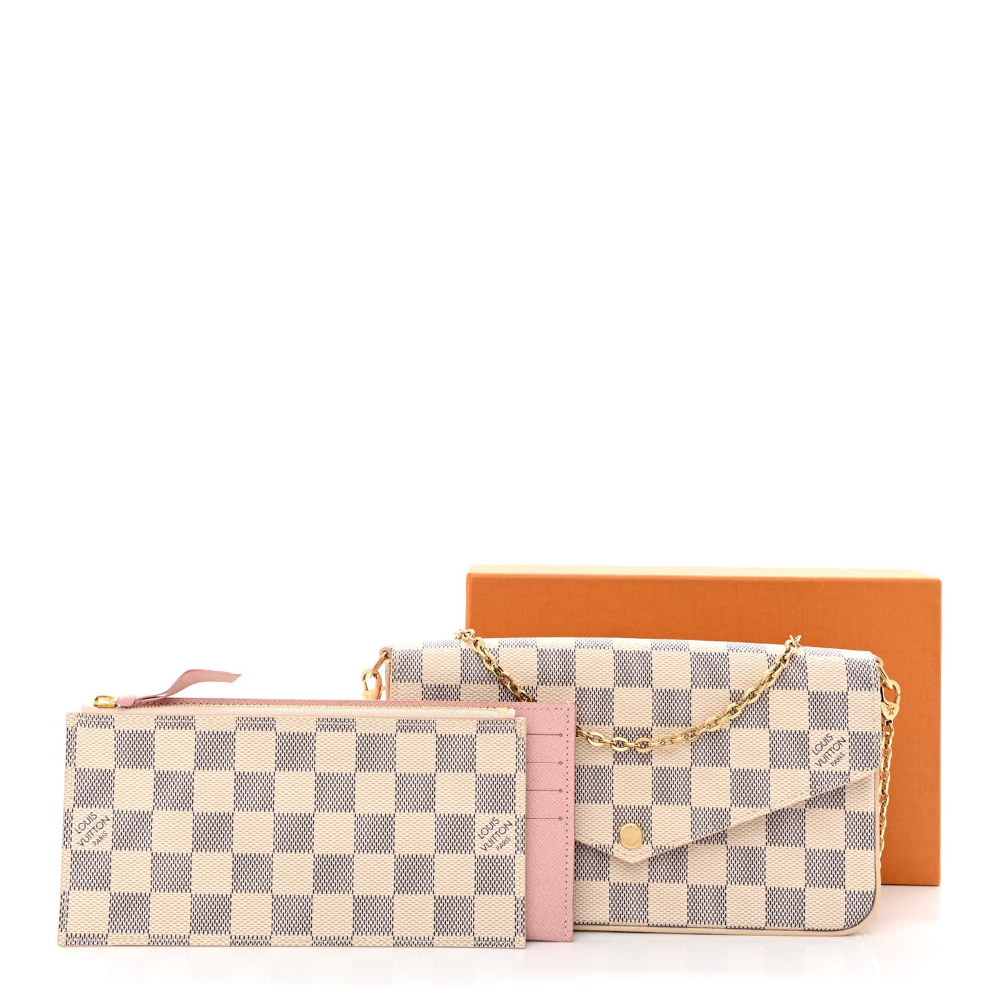 Damier Azur Pochette Felicie Chain Wallet Rose Ballerine
