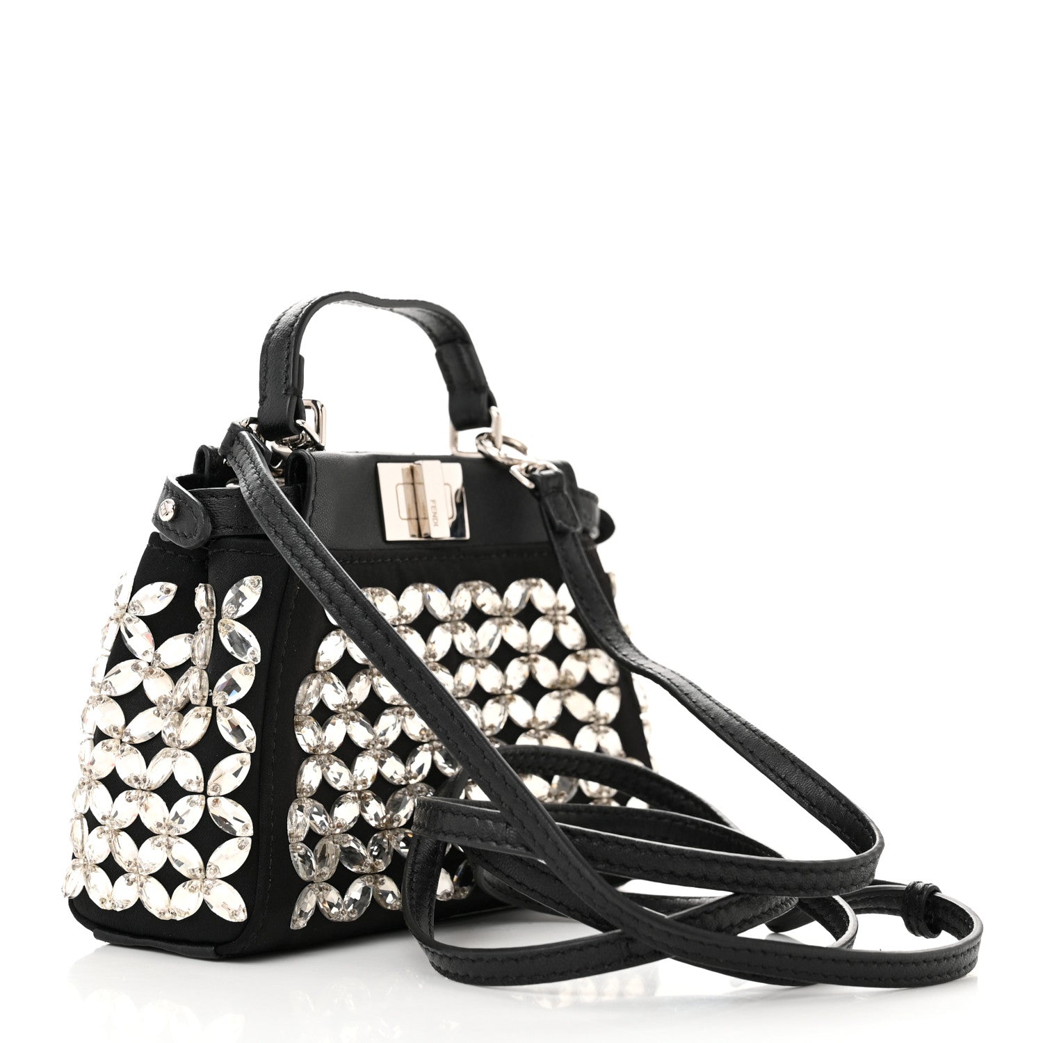 Fendi Satin Crystal Shiny Nappa Embroidered Micro Peekaboo Iconic Satchel Black Crystal 3 of 9