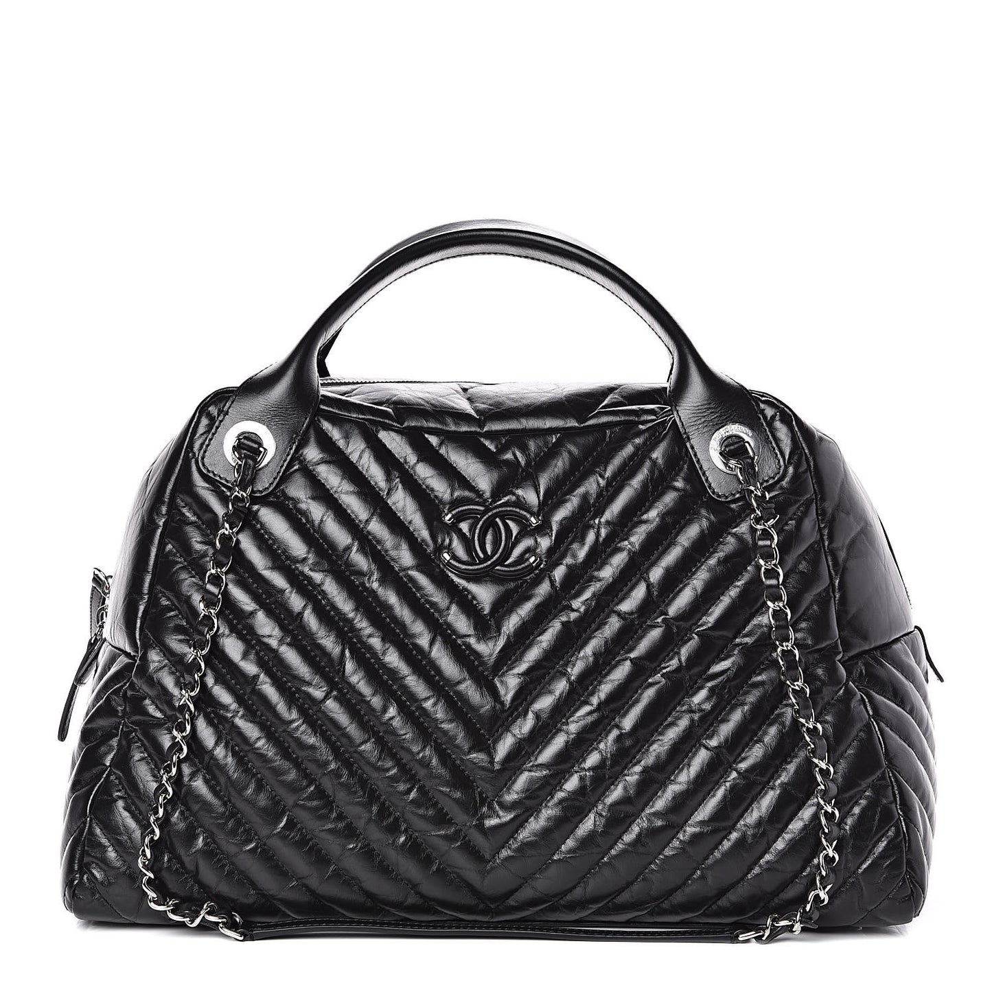 Aged Calfskin Chevron Large Soft Bowling Bag Black