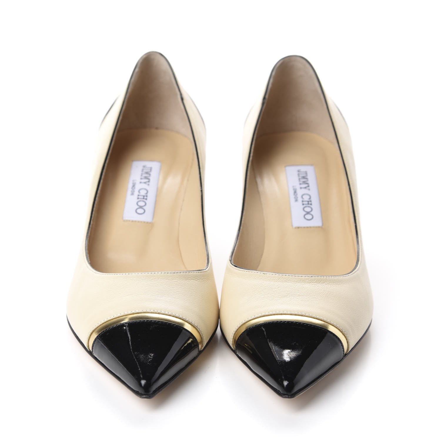 Jimmy Choo Nappa Mirror Patent Calfskin Leap Pumps 40 Bone Black Gold 2 of 9
