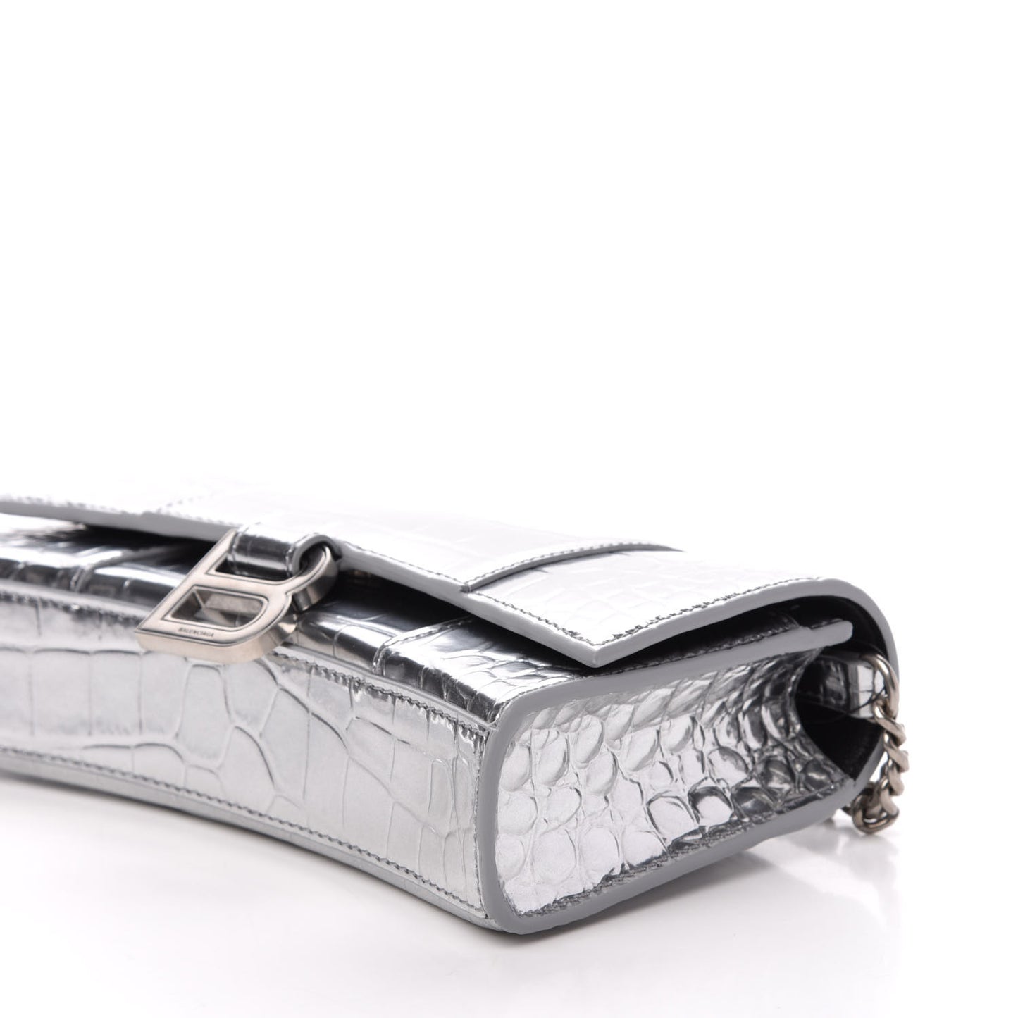 Metallic Calfskin Crocodile Embossed Hourglass Chain Bag Silver