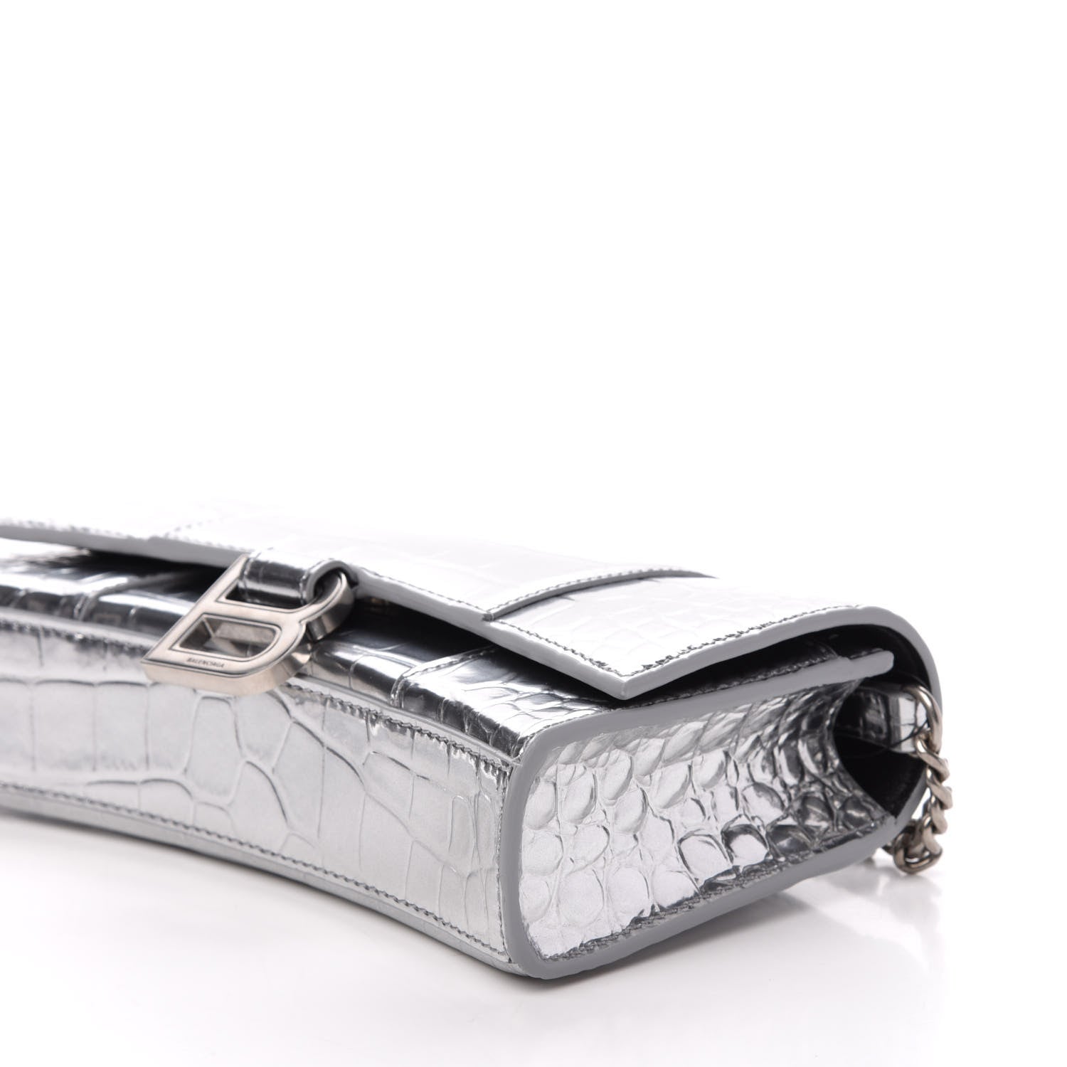 Balenciaga Metallic Calfskin Crocodile Embossed Hourglass Chain Bag Silver 8 of 9