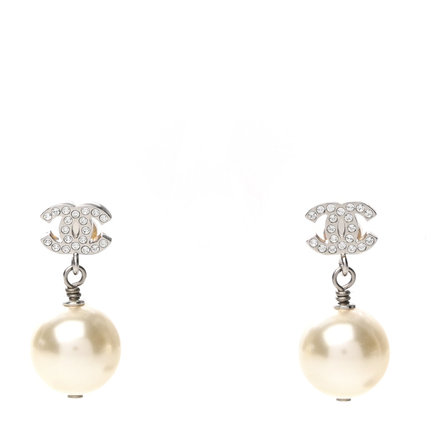 Crystal Pearl CC Drop Earrings Silver Pearly White