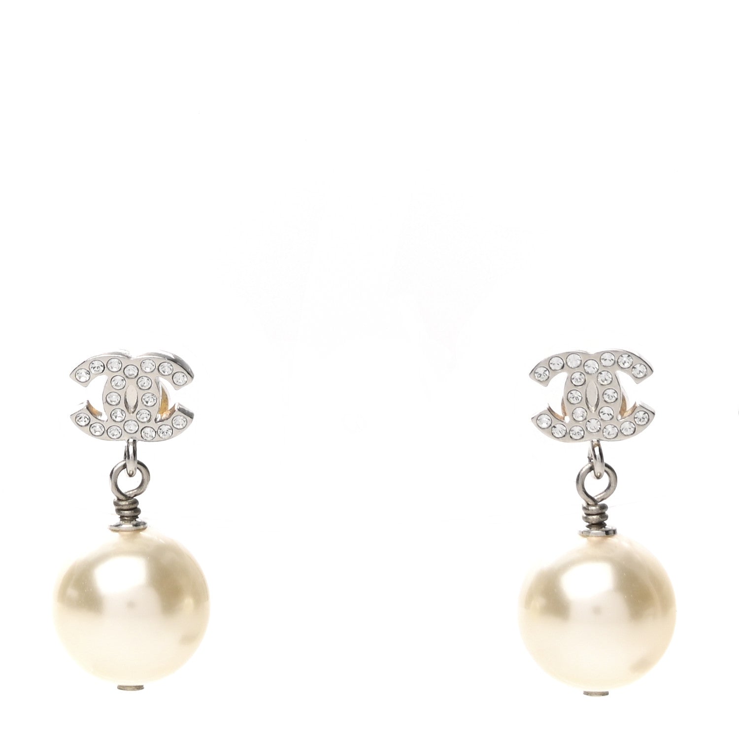 Chanel Crystal Pearl CC Drop Earrings Silver Pearly White 1 of 4