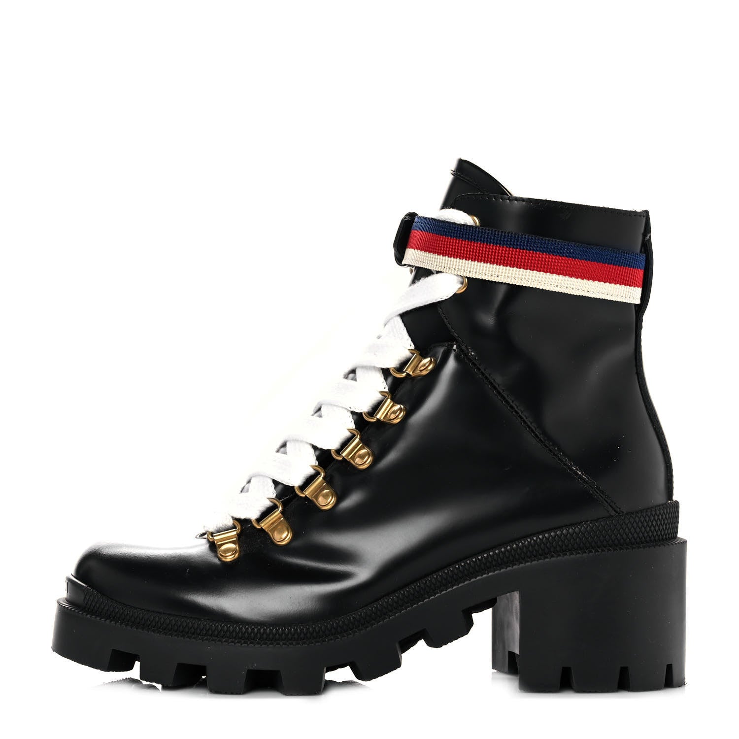 Gucci Calfskin Sylvie Web Womens Lace Up Combat Boots 36 Black 1 of 7