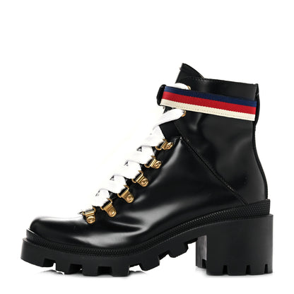 Gucci Calfskin Sylvie Web Womens Lace Up Combat Boots 36 Black 1 of 7