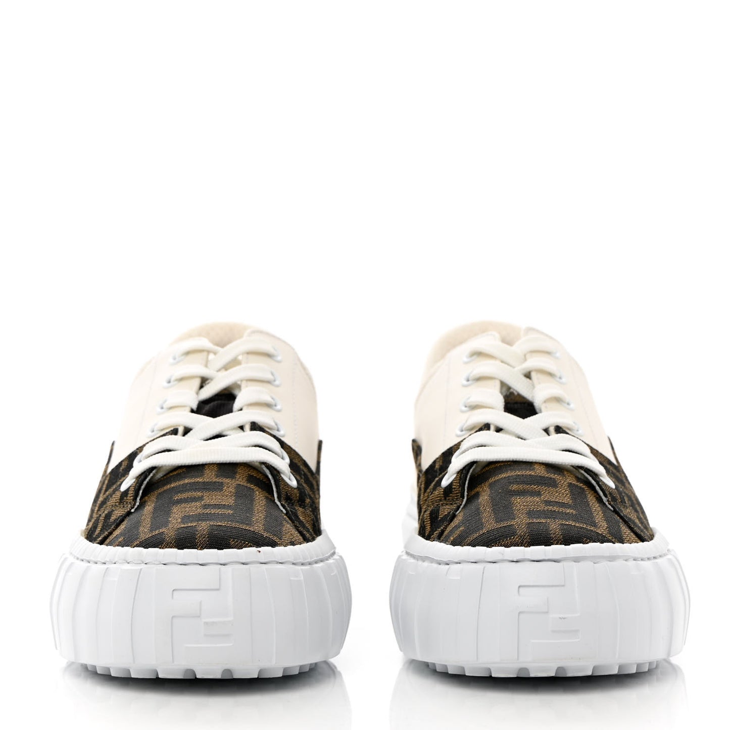 Fabric Jacquard Vitello Technical Fabric FF Womens Fendi Force Low Top Sneakers 38 Tobacco Black Ultrawhite White